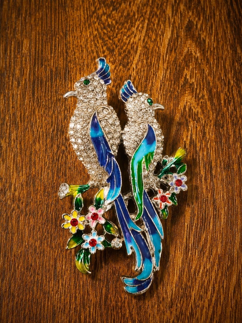 Crystal Parrot Brooch with Blue & Green Enamel Accents